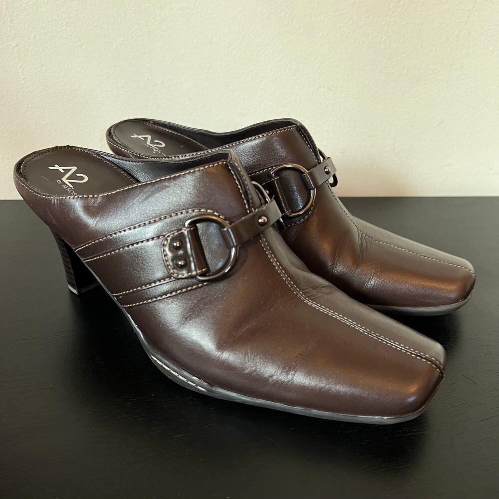 Dark Chocolate Brown Genuine Leather Square Snip Toe Horsebit Heeled Mules 9M